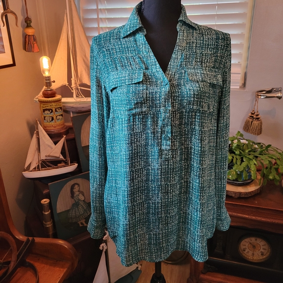 New York & Company Teal Geometric Blouse - Picture 2 of 4